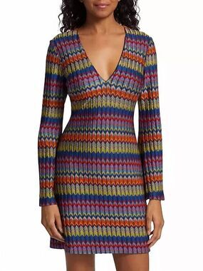 RAMY BROOK Maya Zigzag Rib Knit Multicolor Chevron V-Neck  Dress Size Small